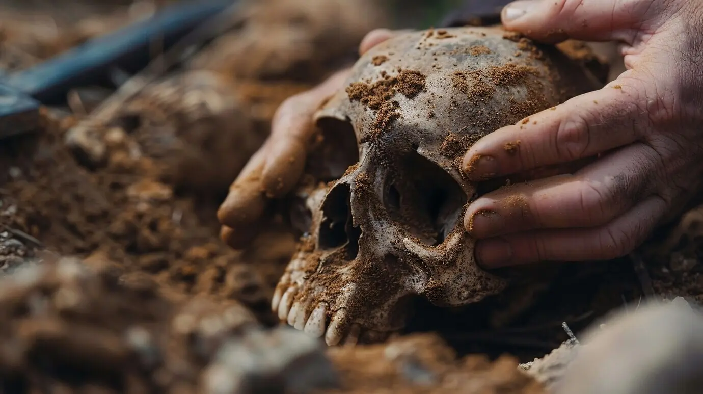 Szene aus einer archäologischen Ausgrabungsstätte mit antiken Überresten und Entdeckungen.