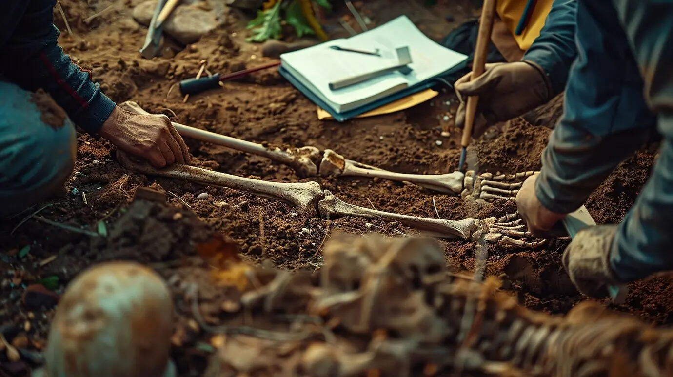 Szene aus einer archäologischen Stätte mit antiken Überresten und Funden